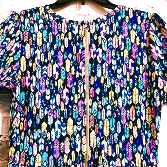 LULAROE AMELIA MULTI COLOR FEATHER PRINT WITH POLKA DOT DRESS WOMEN'S SIZE L - Picture 4 of 8